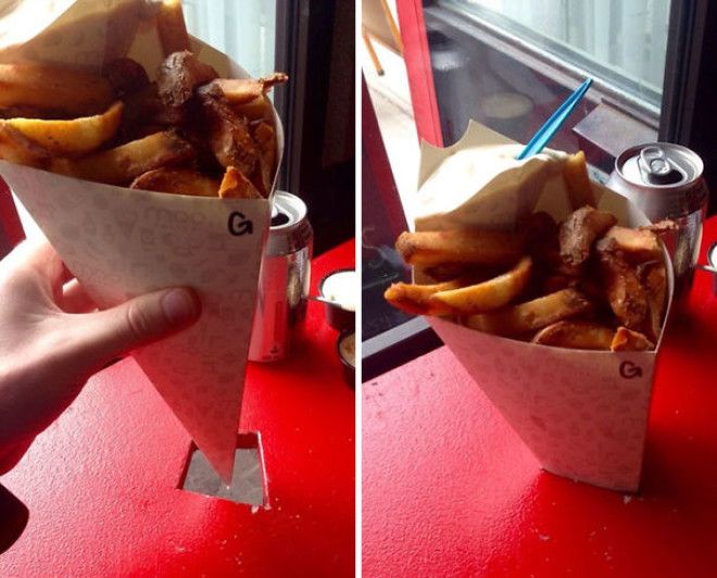 This Restaurant Sells Fries In Paper Cones And The Tables Have Diamond Shaped Holes That Hold The Cones