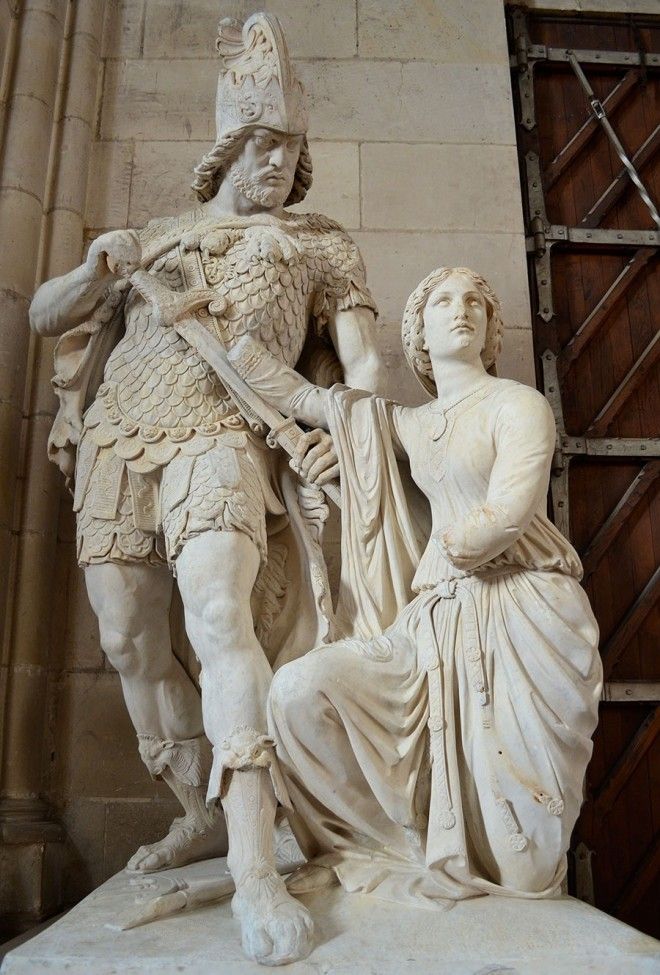 Praying Sainte Genevieve disarm Attila - Scuplture by Etienne-Hippolyte Maindron (1857), exhibited in Notre-Dame church, Cholet, France