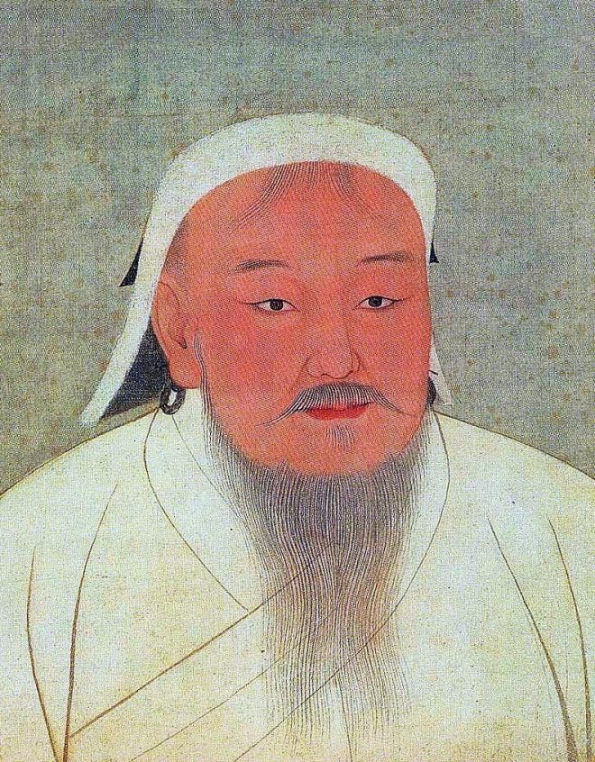 Taizu, better known as Genghis Khan. Portrait cropped out of a page from an album depicting several Yuan emperors (Yuandjai di banshenxiang), now located in the National Palace Museum in Taipei