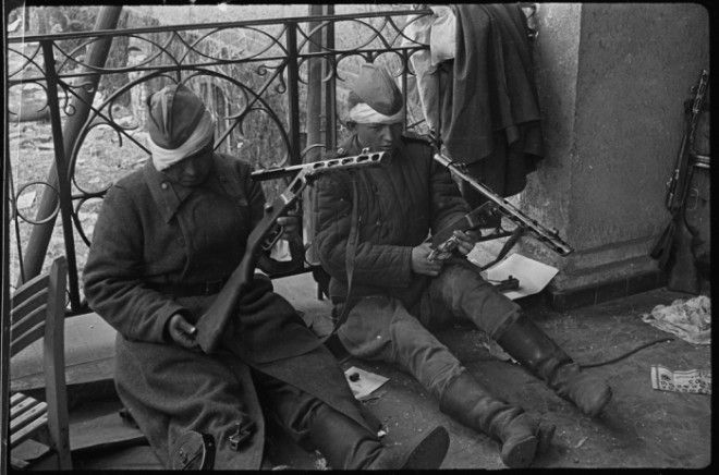 Раненые красноармейцы чистят своё табельное оружие, после окончания боёв за Берлин в 1945 году.