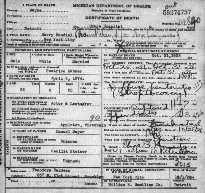 Harry Houdini death certificate