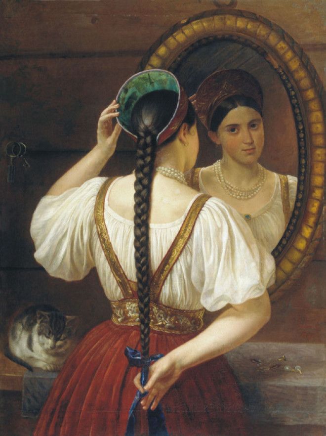 ФО Будкин Девушка перед зеркалом Длинная красивая коса была олицетворением чистоты и невинности