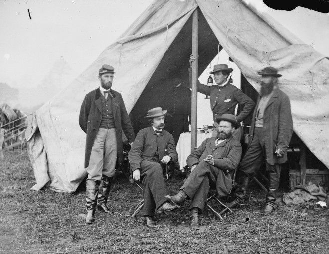 Antietam, Md. Seated: R. William Moore and Allan Pinkerton. Standing: George H. Bangs, John C. Babcock, and Augustus K. Littlefield