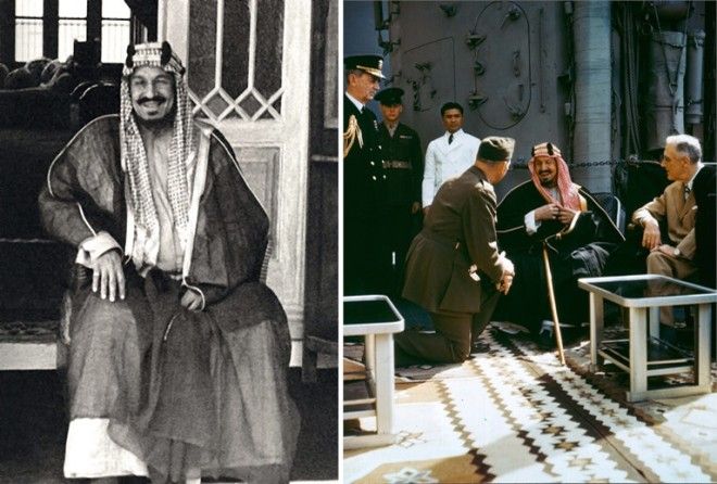 The US President Franklin D Roosevelt meets with King Ibn Saud of Saudi Arabia on board the US Navy heavy cruiser USS Quincy