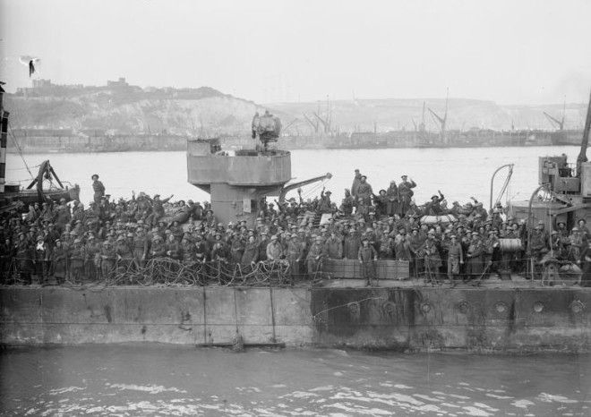 British troops crowd the deck of a Royal Navy destroyer at Dover 31 May 1940