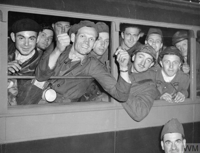 French troops evacuated from Dunkirk photographed in a train at a railway station in the UK