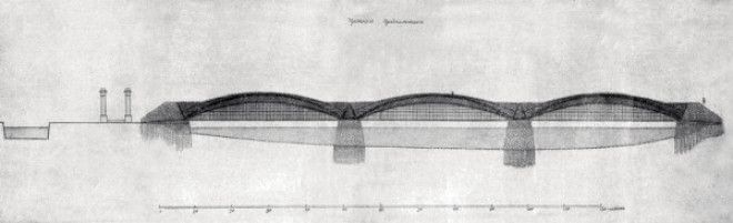 В 1810х годах Кулибин занимался разработкой железных мостов Перед нами проект трехарочного моста через Неву с подвесной проезжей частью 1814