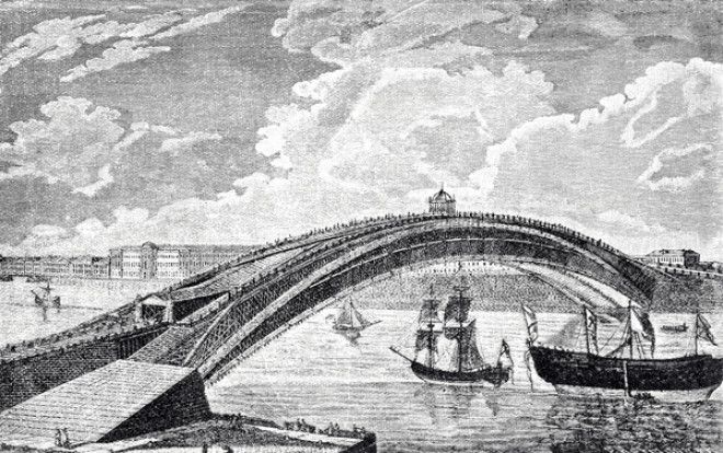 Знаменитый однопролетный мост через Неву как он мог бы выглядеть если бы был построен Его расчет Кулибин выполнял на моделях в том числе в масштабе 110