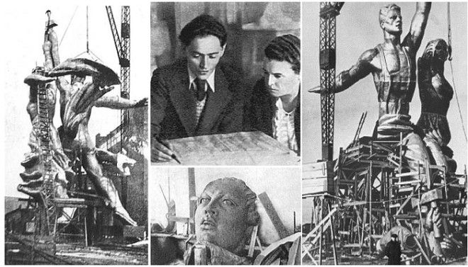Концепцию архитектора Б.М. Иофана воплотила в жизнь Вера Мухина с командой инженеров и рабочих завода ЦНИИТМАШ (1937 год).