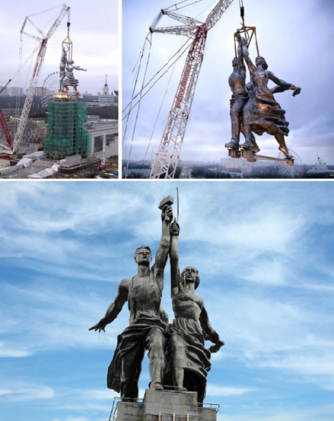 Монумент «Рабочий и колхозница» установили на 34 метровый постамент, как и было задумано Верой Мухиной (Москва ).